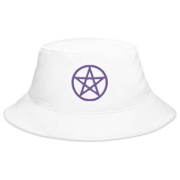 White bucket hat with Purple Wiccan Witchcraft Pentagram embroidered artwork, front view