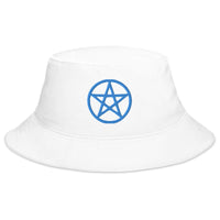 White bucket hat with Blue Wiccan Witchcraft Pentagram embroidered artwork, front view