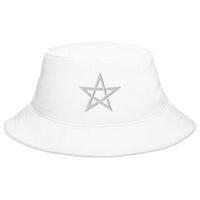 White bucket hat with White Wiccan Woven Pentagram Symbol embroidered artwork, front view