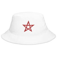 White bucket hat with Red Wiccan Woven Pentagram Symbol embroidered artwork, front view