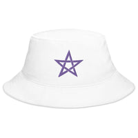 White bucket hat with Purple Wiccan Woven Pentagram Symbol embroidered artwork, front view