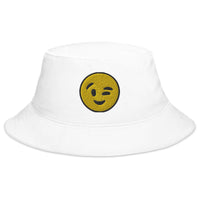 White bucket hat with Winking Face Emoji embroidered artwork, front view