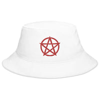 White bucket hat with Red Witchcraft Woven Pentacle Pagan Ritual embroidered artwork, front view
