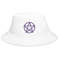 White bucket hat with Purple Witchcraft Woven Pentacle Pagan Ritual embroidered artwork, front view
