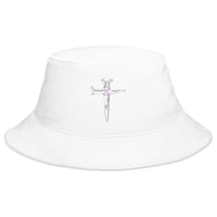 White bucket hat with Wooden Stakes Cross embroidered artwork, front view