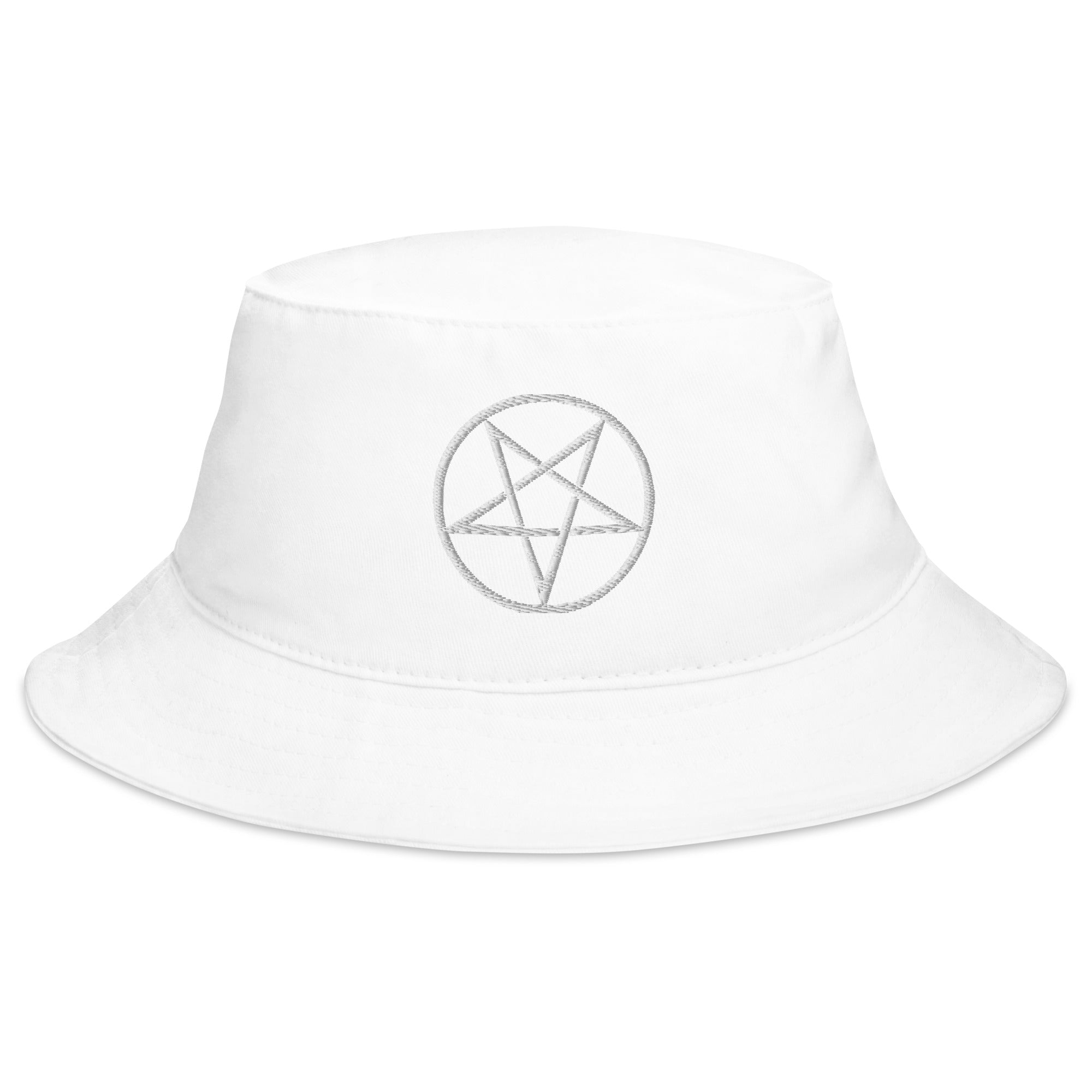 White Woven Inverted Pentagram Symbol Embroidered Bucket Hat Satanism