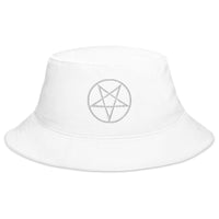 White bucket hat with White Woven Inverted Pentagram Symbol embroidered artwork, front view