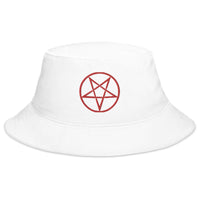 White bucket hat with Red Woven Inverted Pentagram Symbol embroidered artwork, front view
