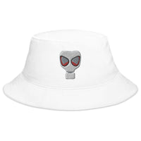 White bucket hat with WWII Era Bio Hazard Gas Mask embroidered artwork, front view