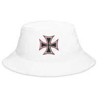 White bucket hat with WWII Style Iron Cross Occult Symbol embroidered artwork, front view