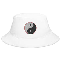 White bucket hat with Yin and Yang Chinese Symbol embroidered artwork, front view