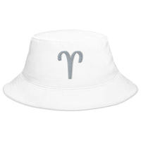 White bucket hat with Zodiac Sign Aries embroidered artwork, front view