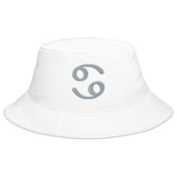 White bucket hat with Zodiac Sign Cancer embroidered artwork, front view