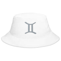 White bucket hat with Zodiac Sign Gemini embroidered artwork, front view