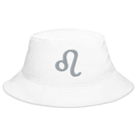 White bucket hat with Zodiac Sign Leo embroidered artwork, front view