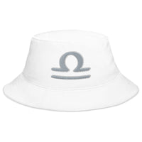 White bucket hat with Zodiac Sign Libra embroidered artwork, front view