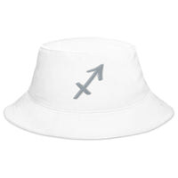 White bucket hat with Zodiac Sign Sagittarius embroidered artwork, front view