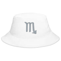 White bucket hat with Zodiac Sign Scorpio embroidered artwork, front view