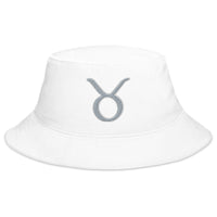 White bucket hat with Zodiac Sign Taurus embroidered artwork, front view