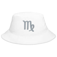 White bucket hat with Zodiac Sign Virgo embroidered artwork, front view