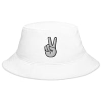 White bucket hat with The V Sign for Victory Hand Gesture embroidered artwork, front view