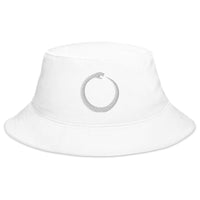 White bucket hat with Ouroboros Snake Eating Tail Alchemy Symbol embroidered artwork, front view