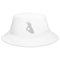 White bucket hat with Okay Sign Hand Gesture Symbol embroidered artwork, front view