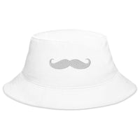 White bucket hat with Classic Handlebar Mustache embroidered artwork, front view
