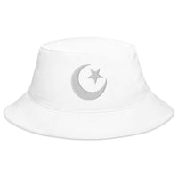 White bucket hat with Star and Crescent Moon Ancient Symbol embroidered artwork, front view