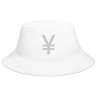 White bucket hat with The Yen and Yuan Sign of Money Currency embroidered artwork, front view