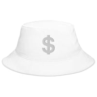 White bucket hat with The Almighty US Dollar Sign Symbol of Money embroidered artwork, front view
