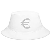 White bucket hat with The Euro Currency Money Symbol of European Union embroidered artwork, front view