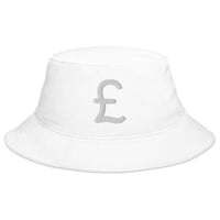 White bucket hat with The British Pound Sterling Symbol Money Currency embroidered artwork, front view