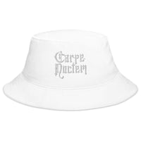 White bucket hat with Carpe Noctem Seize The Night Vampire embroidered artwork, front view