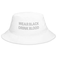 White bucket hat with Wear Black Drink Blood embroidered artwork, front view