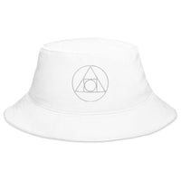 White bucket hat with Philosopher's Stone Alchemy Symbol embroidered artwork, front view