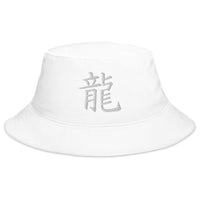 White bucket hat with Japanese Kanji for Dragon Anime Symbol embroidered artwork, front view