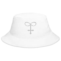 White bucket hat with Alchemy Glass Occult Symbol embroidered artwork, front view