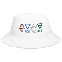 White bucket hat with Four Elements of Matter: Fire, Water, Wind, Earth embroidered artwork, front view