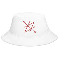 White bucket hat with Red Sigil of Fallen Angel Azazel Occult Symbol embroidered artwork, front view