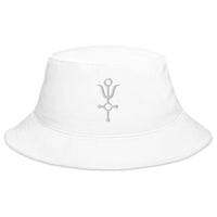 White bucket hat with Antimony Alchemy Protection Symbol embroidered artwork, front view