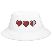 White bucket hat with 3 Heart Meter Retro 8 Bit Video Game Pixelated embroidered artwork, front view