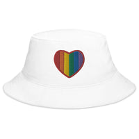 White bucket hat with Gay Pride Rainbow Colors Heart embroidered artwork, front view