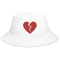 White bucket hat with Red Broken Heart Valentine's Day embroidered artwork, front view