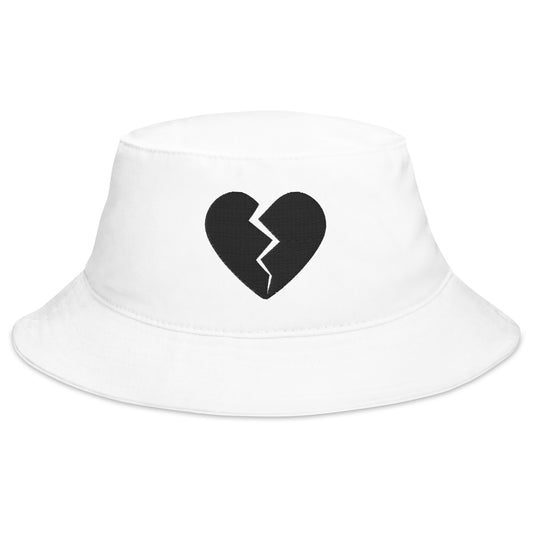 White bucket hat with Goth Black Broken Heart Valentines Day embroidered artwork, front view
