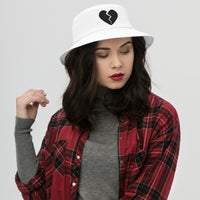 White bucket hat with Goth Black Broken Heart Valentines Day embroidered artwork, front view
