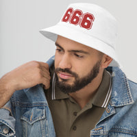 White bucket hat with Red 666 The Number of the Beast Evil embroidered artwork, left-front view