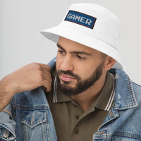 White bucket hat with 80's Retro Style 8 Bit Gamer embroidered artwork, left-front view