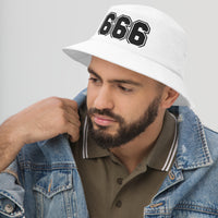 White bucket hat with Black 666 The Number of the Beast Evil embroidered artwork, left-front view