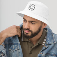 White bucket hat with Black 9 Point Star Pentagram Occult Symbol embroidered artwork, left-front view